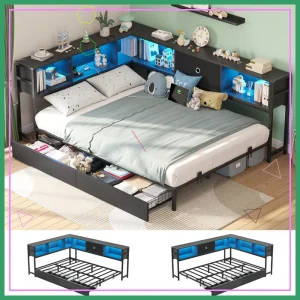 Corner Full Size Bed Frame with Storage Drawers
